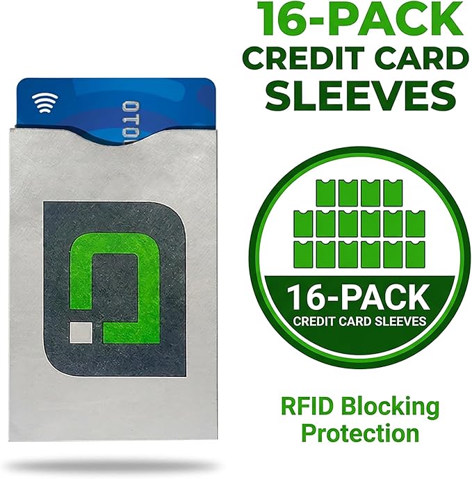 RFID Blocking Credit Card Sleeve Protectors – USA Made Slim Wallet Inserts for Credit Cards, Debit Cards & ID Protection (16, Green Logo -16 Pack)