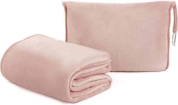 ShezPretty Premium 2in1 Soft Travel Blanket Pillow with Airline Hand Luggage Sleeve and Backpack Clip Airplane (Light Pink)