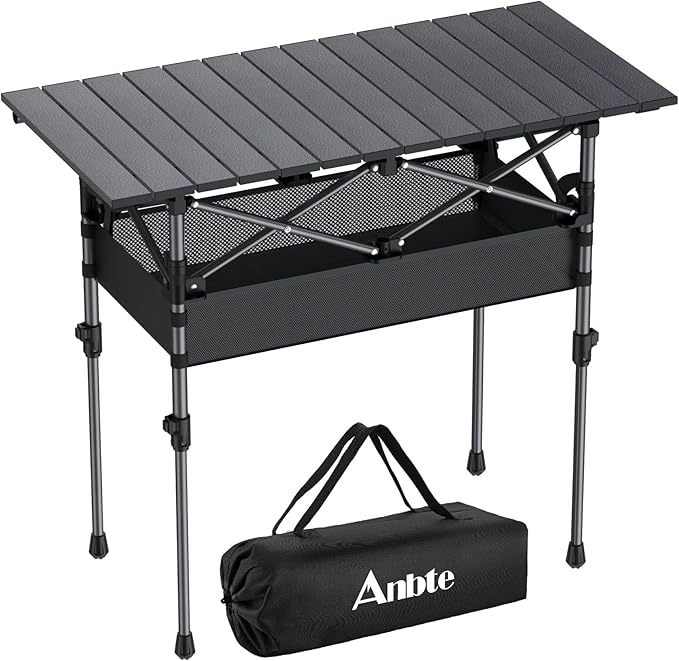Anbte 3ft Aluminum Roll Top Camping Table, 2 Adjustable Height Camping Table Folding with Storage Net & Bag Lightweight Roll Up Table for Tailgate Outdoor Backyard BBQ Patio Picnic, 32.2” X 16”, Black