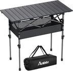 Anbte 3ft Aluminum Roll Top Camping Table, 2 Adjustable Height Camping Table Folding with Storage Net & Bag Lightweight Roll Up Table for Tailgate Outdoor Backyard BBQ Patio Picnic, 32.2” X 16”, Black