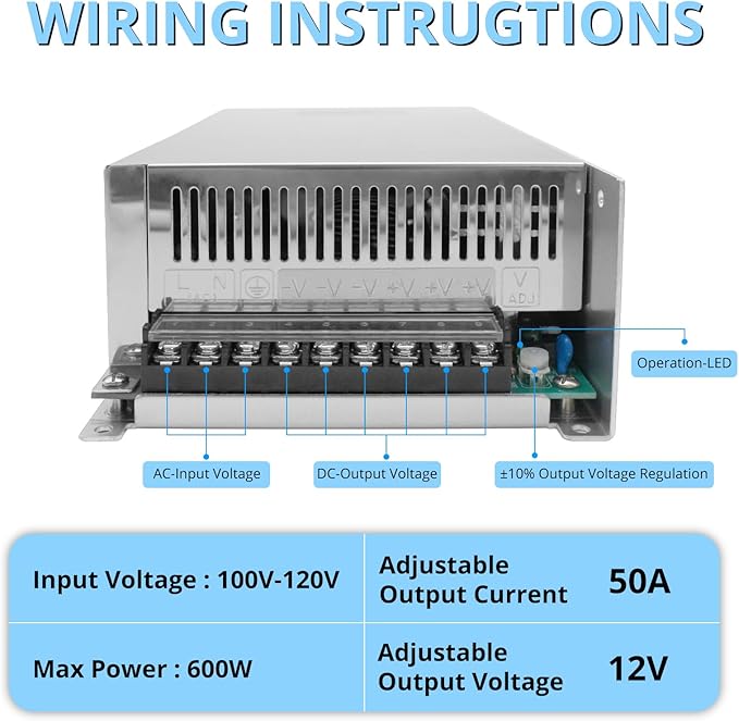 MAKERELE 12V DC Switched-Mode Power Supply SMPS 600w Regulated Switching Power Supply 12V Transformer AC 100V-120V to DC 12 Volt 50amp Converter Adapter Strip 3D Printer CCTV Camera Speaker