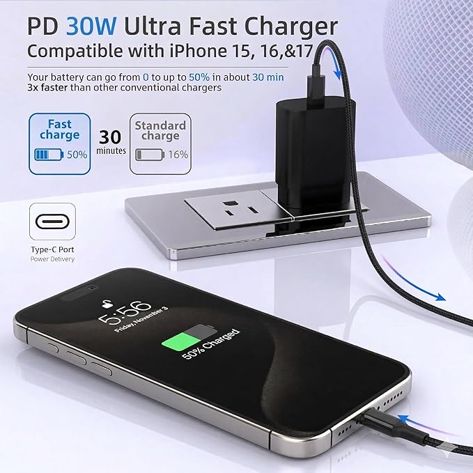 TT&C 30W USB-C Power Brick, PD Super Fast Type-C Wall Adapter Compatible with iPhone 17, 17 Pro Max, iPhone Air, 17e, 16, 16e, 15, iPad mini, for Samsung Galaxy S25, S24 (Black 2-Pack)