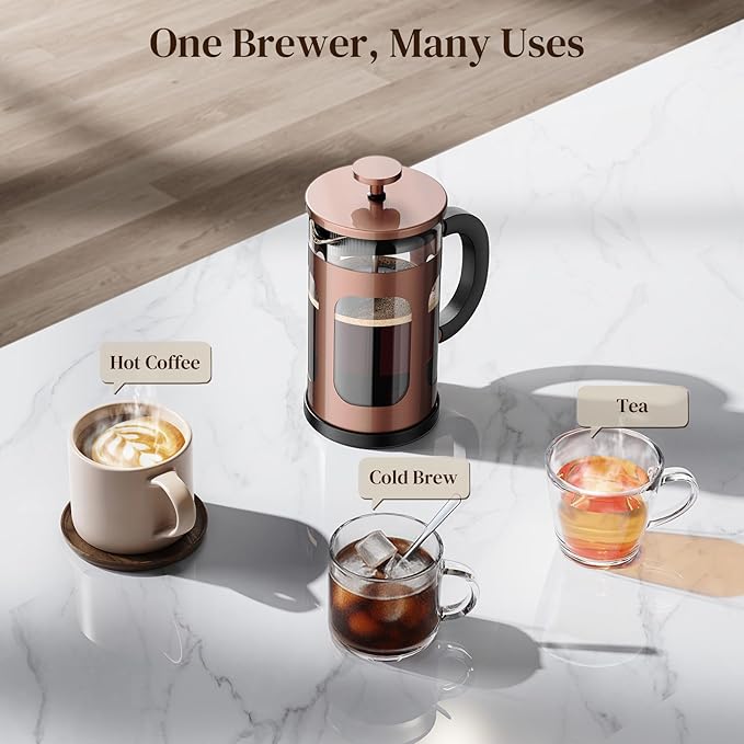 Veken French Press Coffee Maker 21oz 0.6 L, Single Serve Small Pot, Heat Resistant Thickened Borosilicate Glass, Stainless Steel Brewer, Cold Brew Cafetera Teapot for Kitchen Travel Camping, Copper