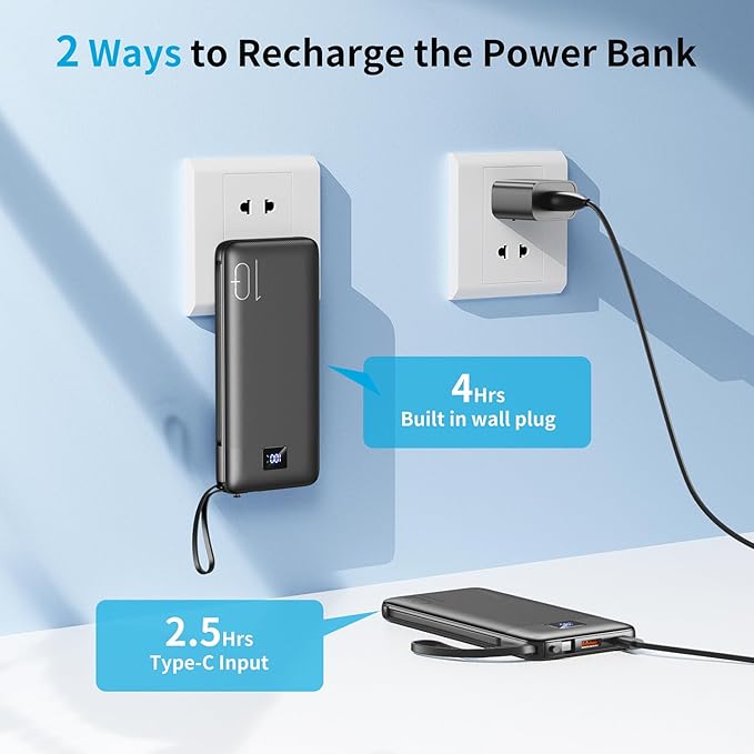 Portable Charger with Built-in Cables 10000mAh Power Bank with Cords, Slim Fast Charging Battery Pack, Portable Phone Charger for iPhone 16/15/14/13 Series, Samsung, Pixel, Travel Camping Essential
