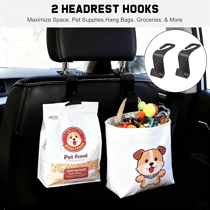 Dog Car Travel Kit – 9 in 1 Gift Set with 2 Pet Seat Belts, Car Net Barrier, 3 Pet Hair Remover, Collapsible Water Bowl & 2 Headrest Hooks – Dog Travel Essentials for Sedan SUV & Truck Vehicle
