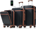3 Piece Luggage Set ABS Hardshell Lightweight Suitcase Sets with Spinner Wheels and TSA Lock, 20 inch with Front Opening Design and USB Port, 20" Airline Certified Carry-on Luggage, 20"24"28", Black