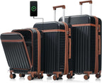 3 Piece Luggage Set ABS Hardshell Lightweight Suitcase Sets with Spinner Wheels and TSA Lock, 20 inch with Front Opening Design and USB Port, 20" Airline Certified Carry-on Luggage, 20"24"28", Black