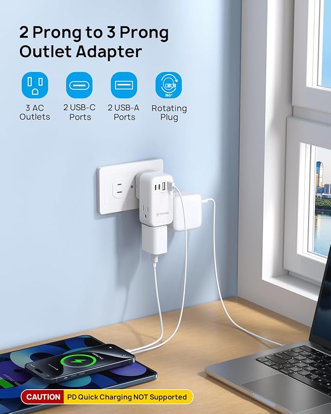 TROND 3 to 2 Prong Adapter with 360° Rotating Plug, 2 Prong Outlet Extender with 3 AC and 4 USB Ports, US to Japan Plug Adapter, Wall Outlet Splitter for Travel, Home, Cruise Essentials