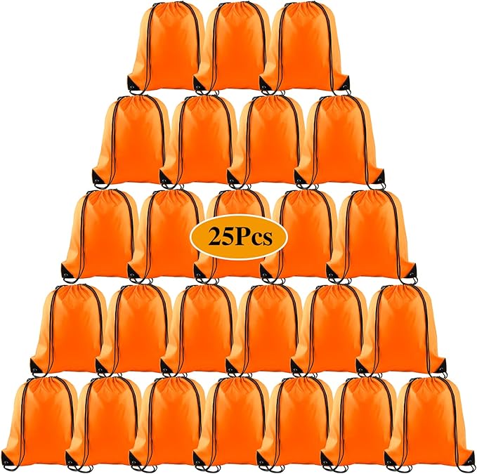 PLULON 25 Pcs Orange Drawstring Backpack Bags Bulk String Backpack Cinch Sack Pull Sport Gym Backpack Bags for Yoga Traveling Outdoor Sports