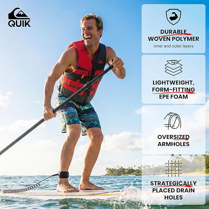 QUIKSILVER USCG Approved Men's Life Jacket Type III PFD, Lightweight EPE Foam Life Vest for Adults, for Waterskiing, Wakeboarding, Windsurfing, Rafting, Boating, Kayaking, Fishing Watersports