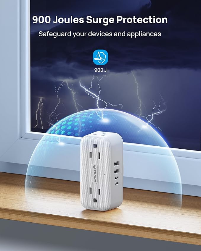 TROND Outlet Extender with 360 Rotating Plug, Plug Adapter with 4 Electrical Sockets and 4 USB Ports, 900 Joules Surge Protection, 3 Way Outlet Splitter for Home Office Travel, White
