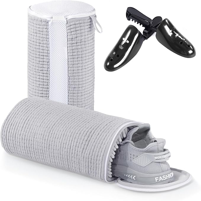Teletrogy Shoe Laundry Bags for Washing Machine, Reusable Laundry Shoe Bag for Washer and Dryer, Fluffy Fibers 360° Wrap Around Cleaning, Adjustable Protective Shoe Trees - Home Dorm Travel, Gray