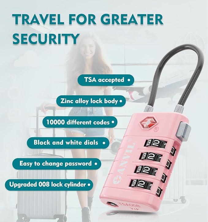 ANVIL 4 Digit Luggage Locks, TSA Locks for Luggage, Advanced TSA008 core, Alert Indicator for Your Travel Lock, Suitcase Lock.(4, Pink)
