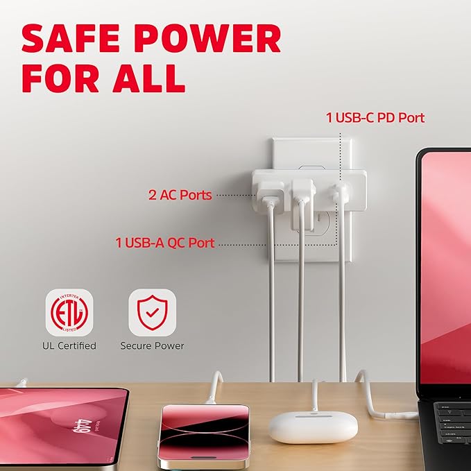 Energizer 4 Packs of 4 Device Fast Charging Multi Plug Wall Outlet Extender (2) AC Power Outlets (1) 20W PD Type C Port (1) 18W USB A Port Power Strip Expander Outlet Splitter Plug in Adapter