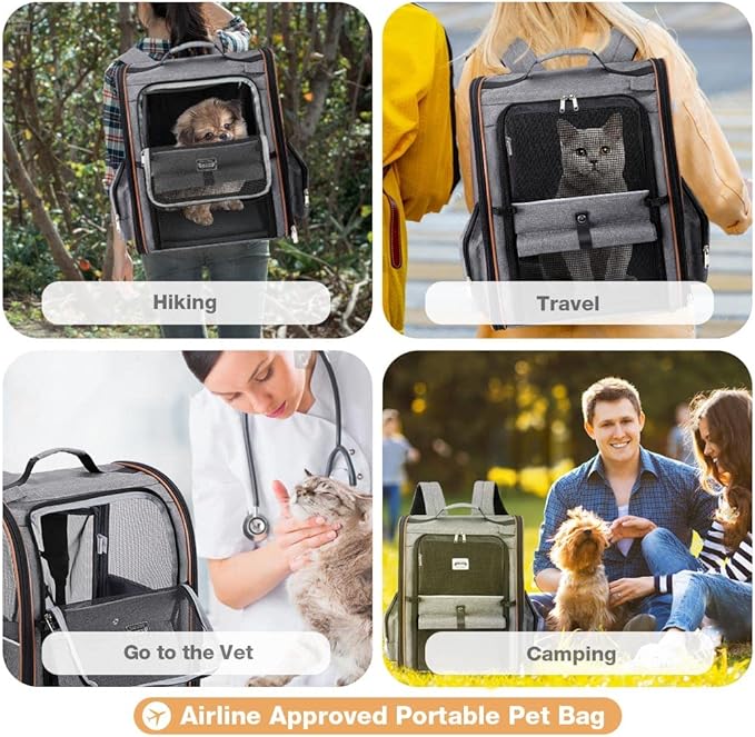 Cat Carrier Backpack, Expandable Pet Carrier with Sun Shade & Full Front Opening, Breathable Mesh Backpack for Small Dogs & Medium Cats Up to 18 Lbs, Foldable for Hiking, Camping (Grey)