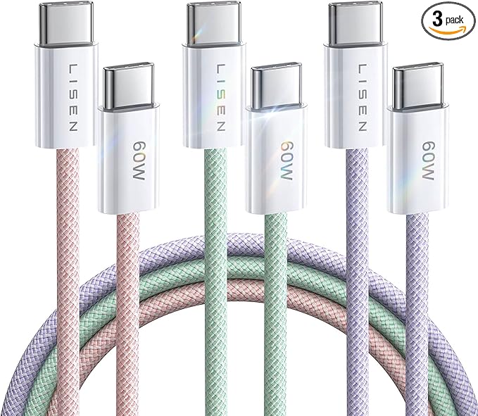 LISEN USB C Cable, 3-Pack [10/10/10FT] USBC to USBC Cable for iPhone 16e 15 Pro Max Charger Cord, 60W (3.1A) C to C Cable Fast Charging for Samsung S25/S24/23, Switch 2, iPad, MacBook