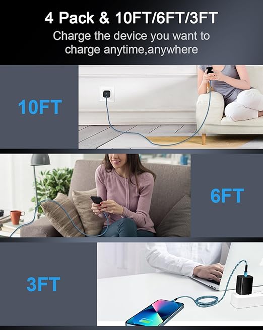 USB C to Lightning Cable 4Pack/3ft, Apple Certified Powerline C-Type Charger Cord Fast Charging Original Lighting Wire for iPhone 14 13 13 Pro 12 Pro Max 11 X XR 8 Plus, AirPods, Power Delivery Speedy