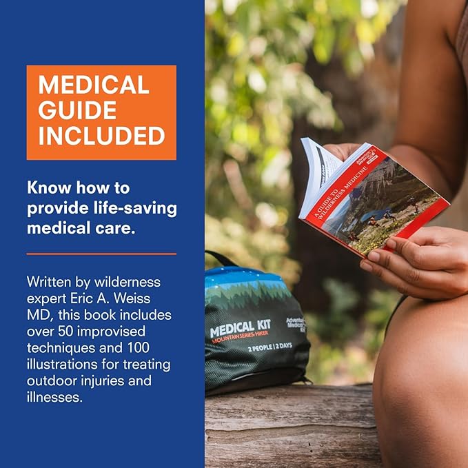 Adventure Medical Kits Mountain Series Medical Kit - Hiker - Emergency Medical First Aid Kit - for 2 People for 2 Days - Comes with a Trauma Pad, Medicine, Guide Book & More - Forest