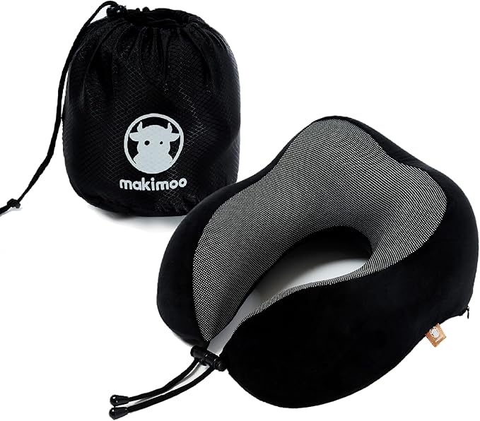 Memory Foam Travel Pillow, Neck Pillow with 360-Degree Head Support, Comfortable Ideal for Sleeping on Airplane, Car, Train, Bus and Home Use, Comes with Storage Bag (Black)