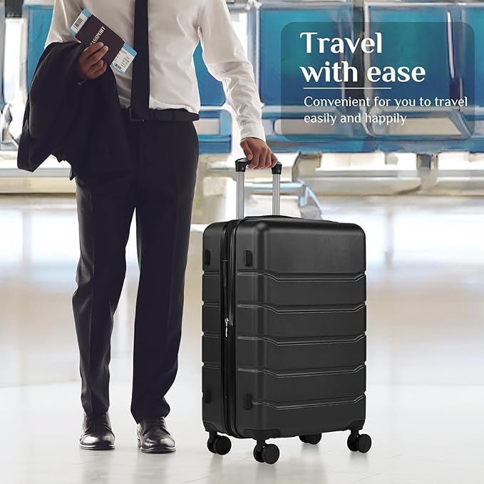 OLIXIS 24 Inch Luggage, Hardside Suitcase with Spinner Wheels, Lightweight ABS Hard Shell Checked Luggage, TSA Approved Lock, Expandable Medium Suitcase for Travel & Business–Black
