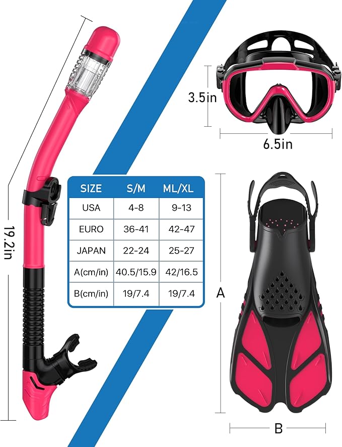 Ubekezele Snorkeling Gear for Adults Men Women,4 in 1 Snorkel Set with Panoramic View Diving Mask Anti-Fog Anti-Leak,Dry Top Snorkel,Fins and Travel Bag for Swimming,Snorkeling and Travel Diving