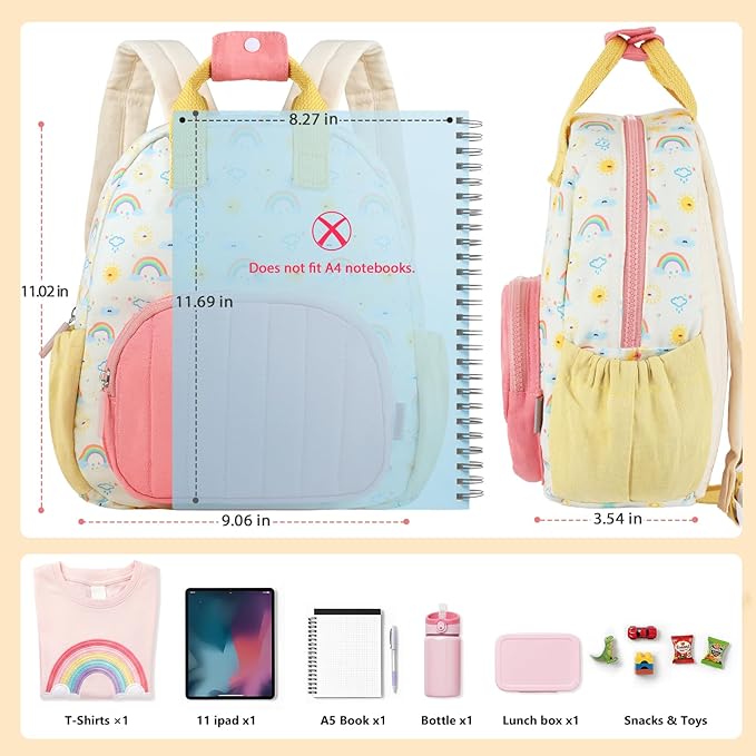 GAGAKU Toddler Backpack for Girls 2-4 years Kids Mini Backpacks Cartoon Breathable Comfortable Preschool Daypack for School Travel Lightwieght Bag - Yellow Rainbow