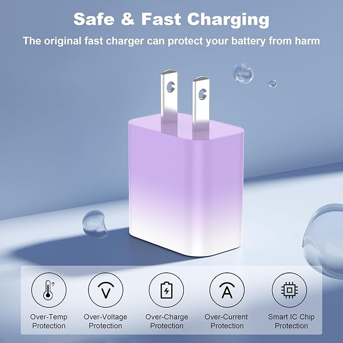 GREPHONE iPhone Charger Fast Charging,20W PD USB C Wall Charger 4 Pack with 6FT Fast Charging Cable - Fast Charger for iPhone 14/14 Pro Max/13/13 Pro/12/12 Pro/11/11 Pro/XS, iPad(Purple)