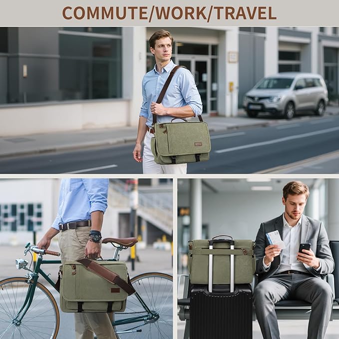 ESTARER Men's Messenger Bag 17.3 Inch, Water-resistant Canvas Laptop Bag, Computer Shoulder Bag for College Travel Work, Army Green