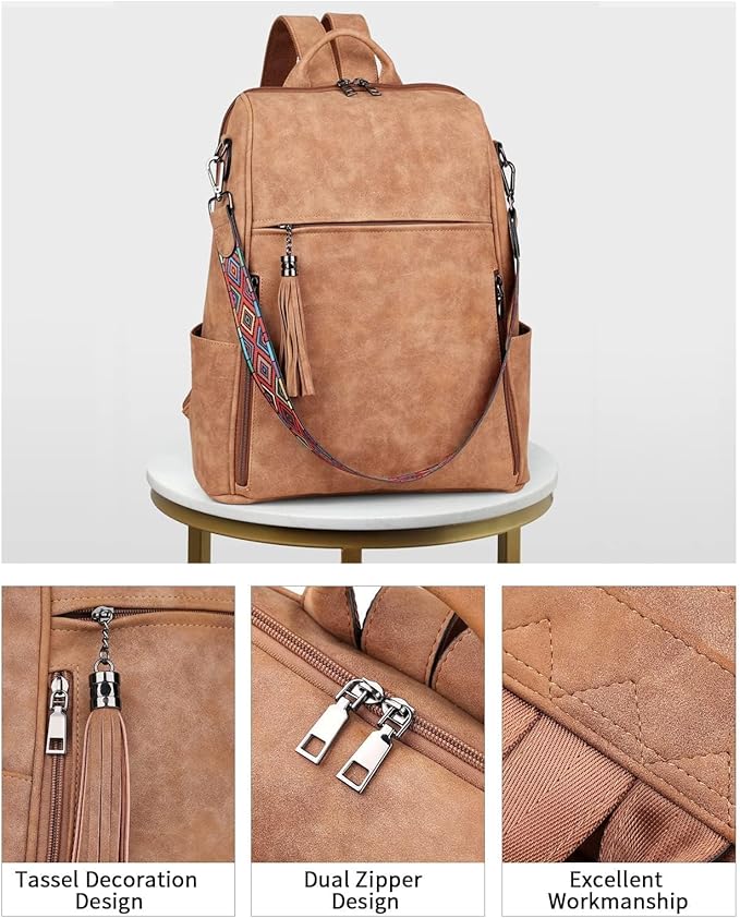 FADEON Leather Laptop Backpack for Women Designer 15.6 inch PU Laptop Bag, Ladies Travel Computer Work Backpack Brown