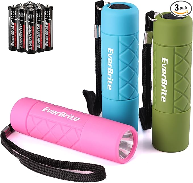 EverBrite Mini Flashlight 3-Pack, Small Flash Lights 9 AAA Batteries Included, Pink/Green/Blue LED Flashlights with Lanyard for Camping/Emergencies