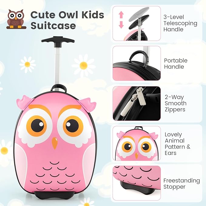 Goplus 2PC Kids Carry On Luggage Set, 16" Rolling Suitcase & 12" Backpack, Airline Approved Travel Trolley Luggage with Wheels for Toddlers Children Girls Boys (Owl)