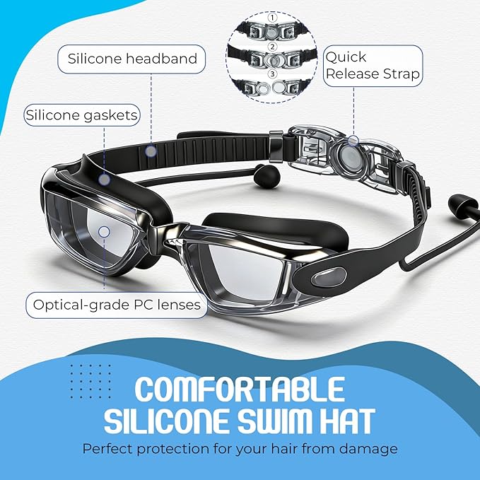 Tallew Swim Goggles Swimming Cap Set with Earplugs, Nose Clip and Case Silicone Swim Hat Waterproof Chlorine Resistant