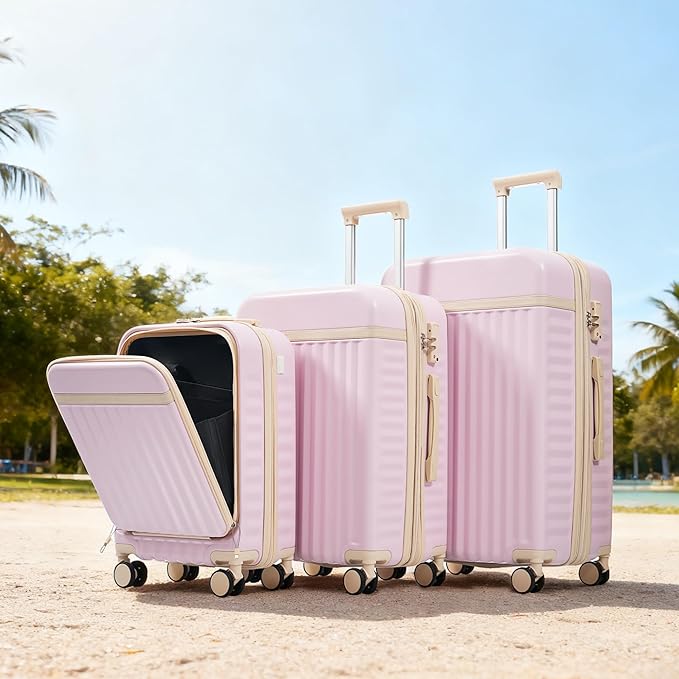 Merax 3 Piece Luggage Set ABS Hardside Suitcase Sets with Spinner Wheels and TSA Lock, 20 inch with Front Opening Design and USB Port, 20" Airline Certified Carry-on Luggage, 20" 24" 28", Light Pink