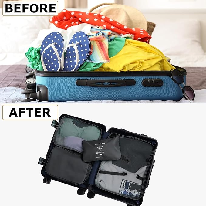 LANSKLBD 6 Set Packing Cubes for Travel, Luggage Organizers with Shoe & Toiletry Bags, Lightweight Suitcase Organizer for Carry-On, Washable Laundry Bags(Black)
