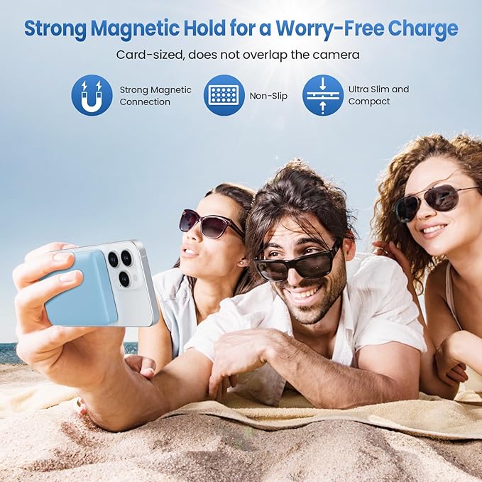Magnetic Portable Charger Power Bank 5500mAh,Slim Wireless Portable Charger with LCD Display,PD Fast Charging USB-C Battery Pack Compatible with Magsafe,iPhone 16/16 Plus/15/14/13/12 (Light Blue)