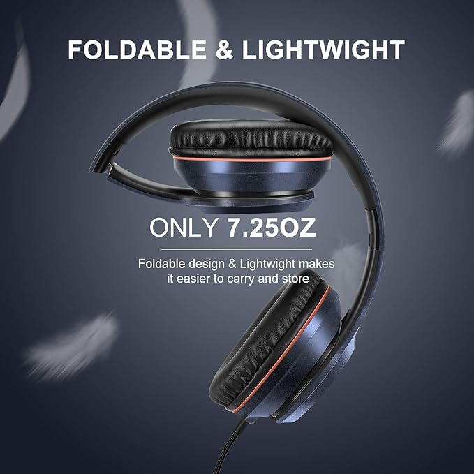 LORELEI X8 Over-Ear Wired Headphones with Microphone with 1.45m-Tangle-Free Nylon Line&3.5mm Plug,Lightweight Foldable & Portable Headphones for Smartphone,Tablet,Computer,Mp3/4(Dark Blue)