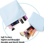 Huhumy 2 Pcs Makeup Bag Set Cute Cosmetic Pouch for Women Seersucker Travel Toiletry Bag Preppy Small Makeup Purse Pouch Aesthetic Skincare Brushes Storage Organizer for Valentine Women(Light Blue)