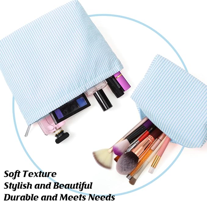 Huhumy 2 Pcs Makeup Bag Set Cute Cosmetic Pouch for Women Seersucker Travel Toiletry Bag Preppy Small Makeup Purse Pouch Aesthetic Skincare Brushes Storage Organizer for Valentine Women(Light Blue)