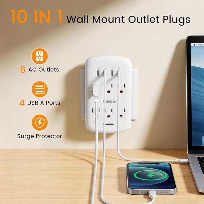 oviitech 6 Outlet Extender with 4 USB Charging Ports(4.2A Total),Wall Mount Outlet Plugs 900 Joules Wall Surge Protector and Top Phone Holder,ETL Listed,White.