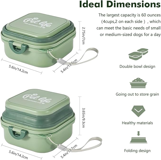 Collapsible Dog Bowls, Travel Food and Water Double Bowl for Cats & Dogs, 2-in-1 Portable BPA-Free Feeding Solution, Perfect for Traveling, Camping & Walking (S/ 60oz)