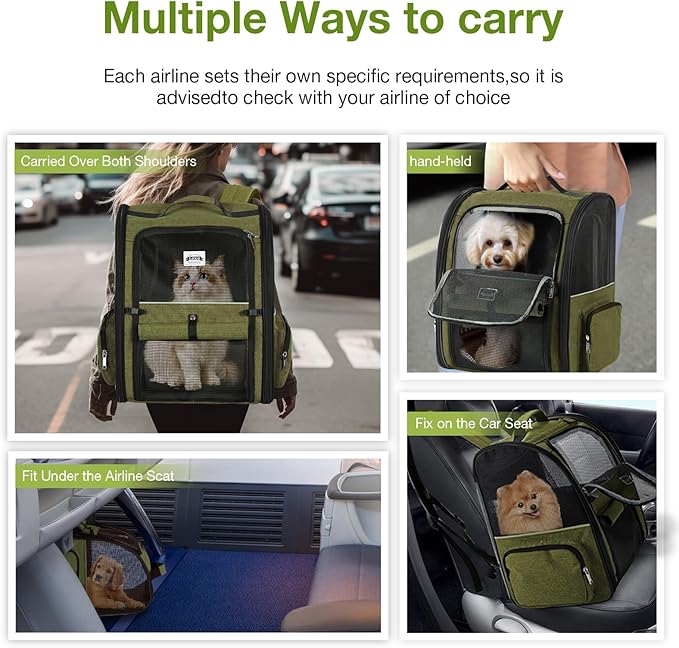 Large Cat Backpack Carrier Expandable Pet Carrier Backpack for Small Dogs Medium Cats Fit Up to 18 Lbs, Dog Backpack Carrier, Foldable Puppy Backpack Carrier for Travel, Hiking,Dark Green