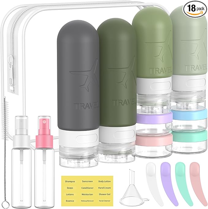 ME.FAN 18 Pack Travel Bottles for Toiletries, TSA Approved Travel Size Containers Set, Silicone Squeezable Portable Split Bottle, Travel Accessories for Conditioner, Shampoo, Lotion - Desert Sage