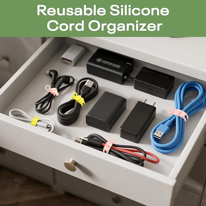 30Pcs Reusable Silicone Cable Ties 4.2in Wire Organizers for Cords, Charging Cables, USB Data Cables Electrical Cord Management 6Colors