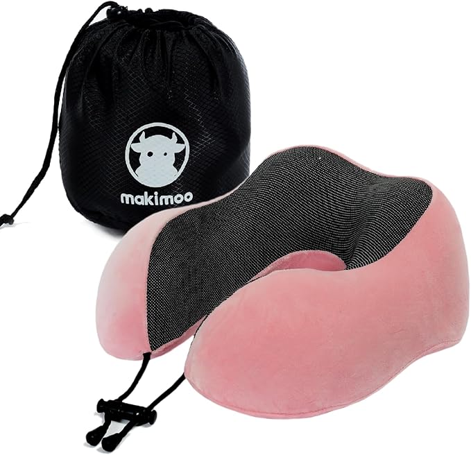 Memory Foam Travel Pillow, Neck Pillow with 360-Degree Head Support, Comfortable and Lightweight, Ideal for Sleeping on Airplane, Car, Train, Bus and Home Use, Comes with Storage Bag (Pink)
