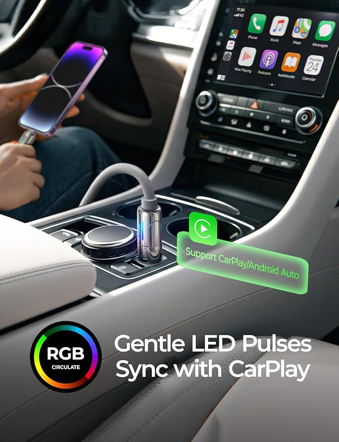 LISEN Car Carplay Cable for iPhone 17/16/15 Pro Max/Plus(3.3FT), 4 in 1 Chubby USB C with Light, USB A/C to C/L Multi Charging Cable for iPhone14 13 12/MacBook Pro/Air/iPad Pro/SamSungS25,Grey
