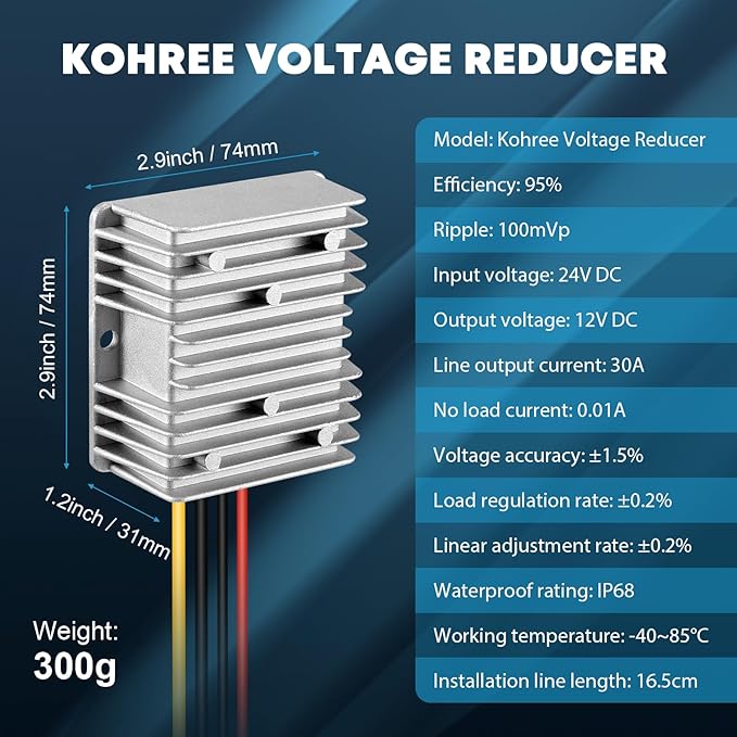 Kohree DC 24V Step Down to 12V 30A 360W Converter Regulator Reducer Power Supply Module Buck Transformer, 24V to 12V Converter Waterproof Voltage Reducer for Golf Cart, Forklifts, Car, Boat