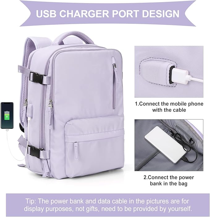 WONHOX Large Travel Backpack Women, Carry On Backpack,Hiking Backpack Waterproof Outdoor Sports Rucksack Casual Daypack with USB Charging Port Shoes Compartment, Purple