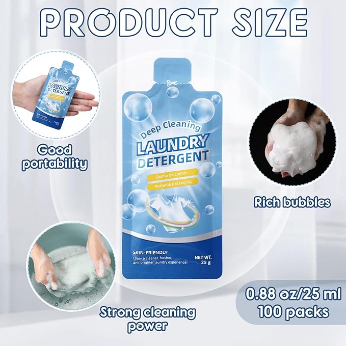 Loopeer 100 Pcs Individual Travel Laundry Detergent 0.88 oz Portable Detergent Packets Travel Size Single Use Liquid Soap for Traveler Hostel Essentials Cleaning