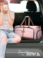 Lekesky Foldable Travel Duffel Bag for Women, 80L Large Duffle Bag with Separate Shoes Compartments & Straps, Carry On Weekend Bag for Women, Hospital, Overnight(Pink)