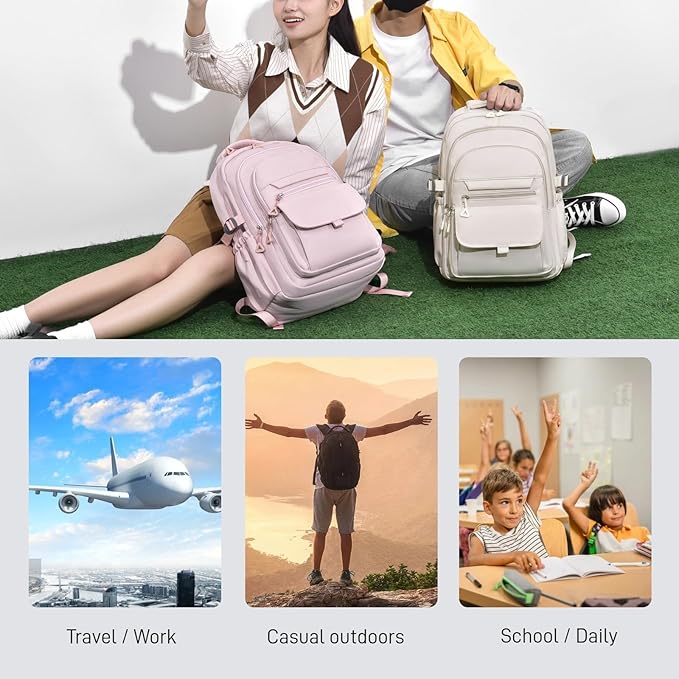 Backpack for Girls, Solid-Color School Backpack for Boys Kids, Aesthetic Girls Bookbag for Elementary School Travel Daypack,Beige